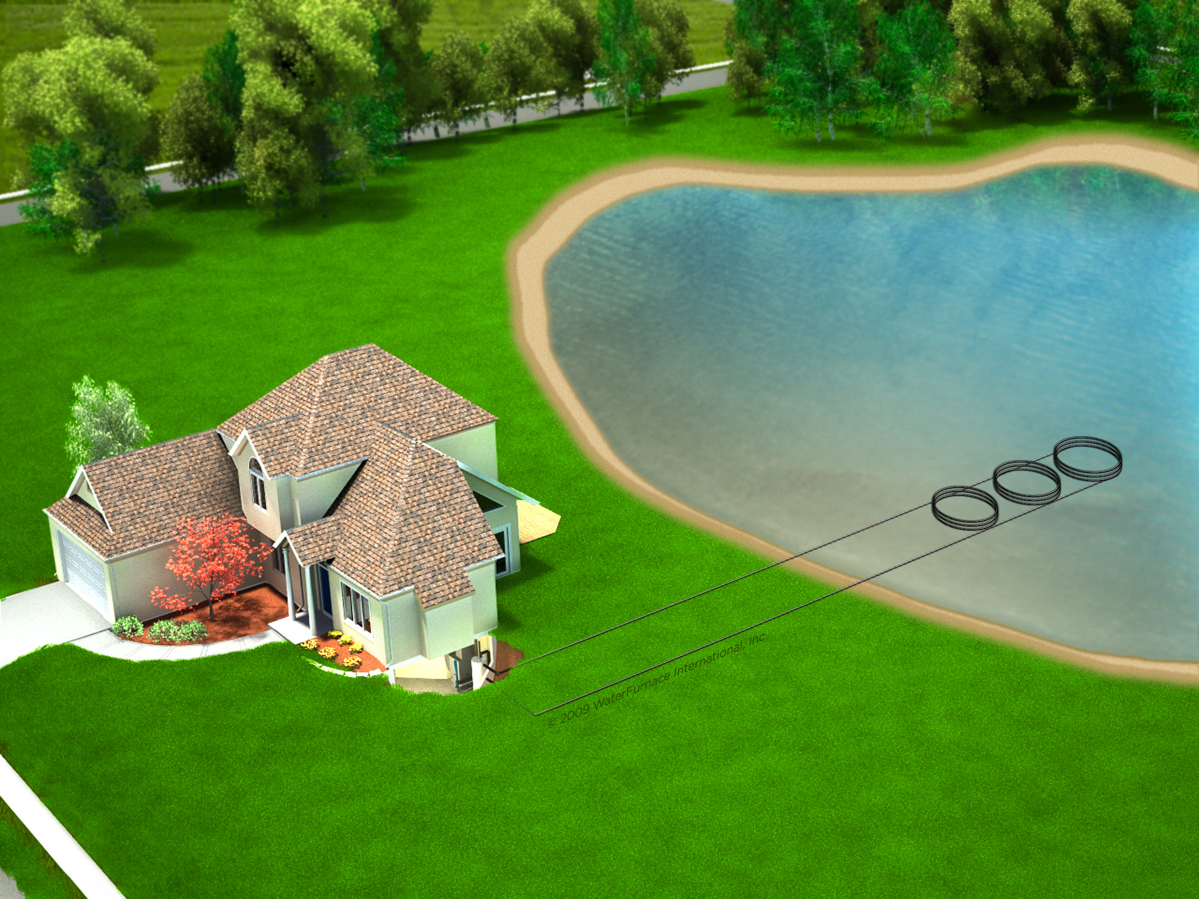 Residential geothermal pond loop system diagram