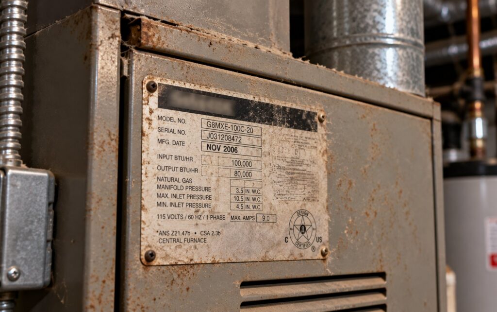 Rating plate on a 2006 gas furnace in a Vancouver WA basement