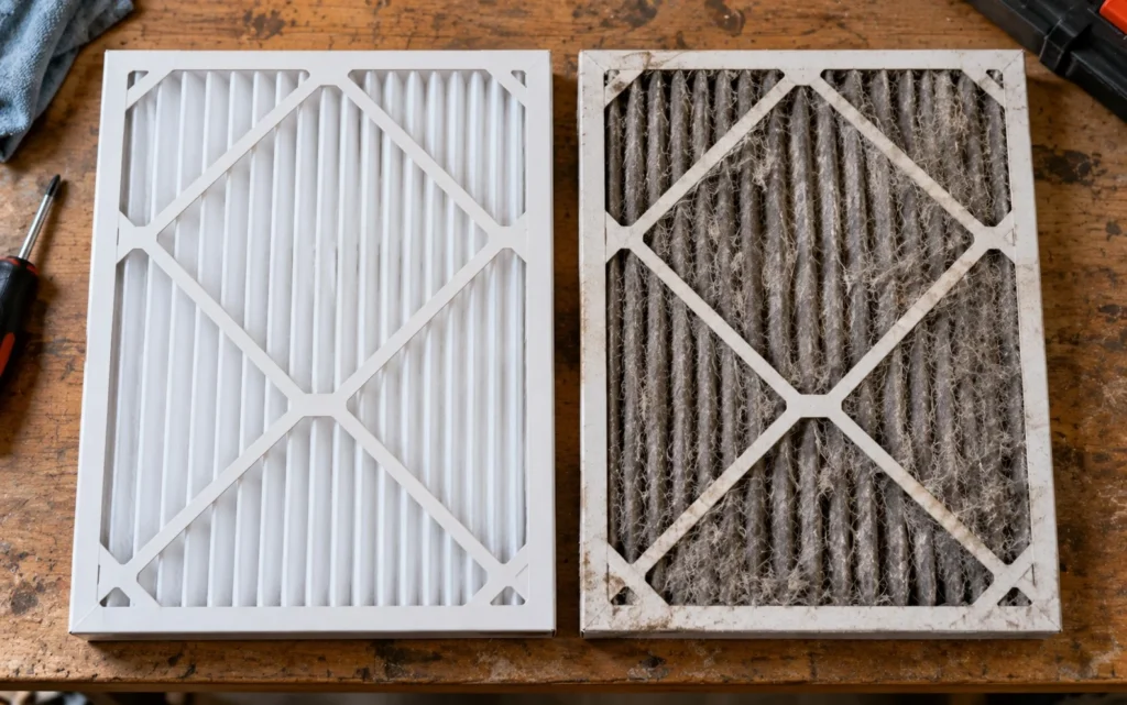 Clean HVAC air filter compared with a clogged filter
