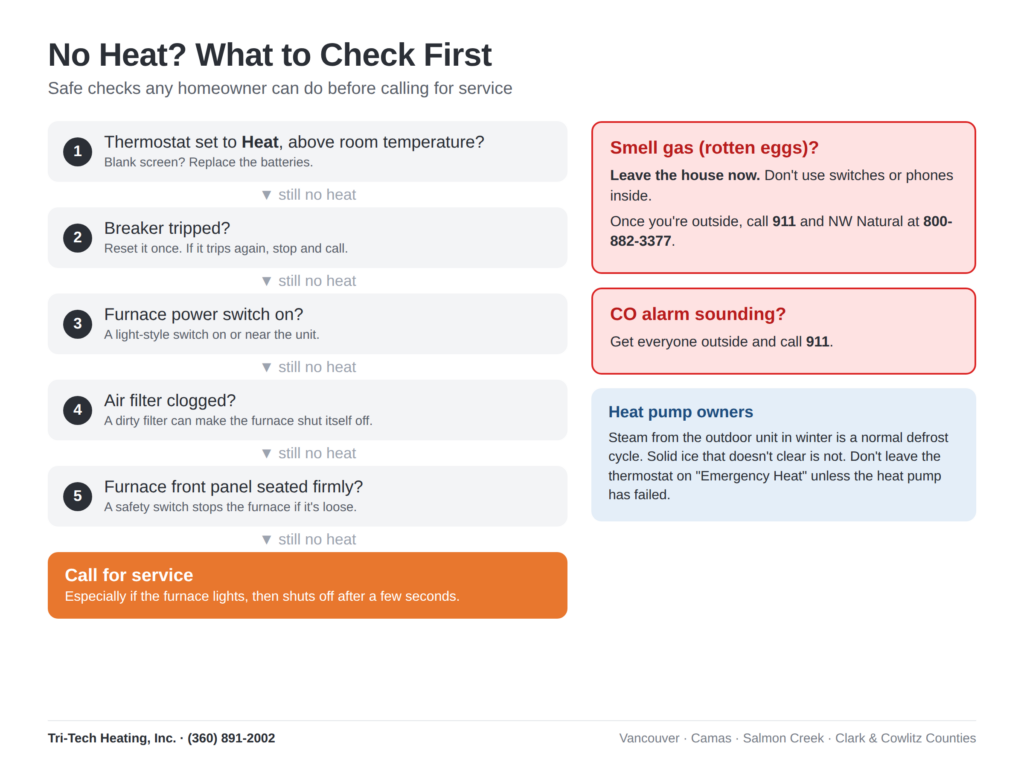 No-heat checklist: thermostat, breaker, furnace power switch, air filter and front panel, with gas-smell and CO alarm safety steps