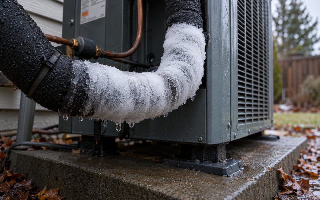 Frozen refrigerant line on an outdoor unit, a sign of low refrigerant or an airflow problem