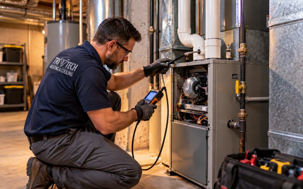 Technician inspecting a gas furnace with a combustion analyzer in a Vancouver WA basement