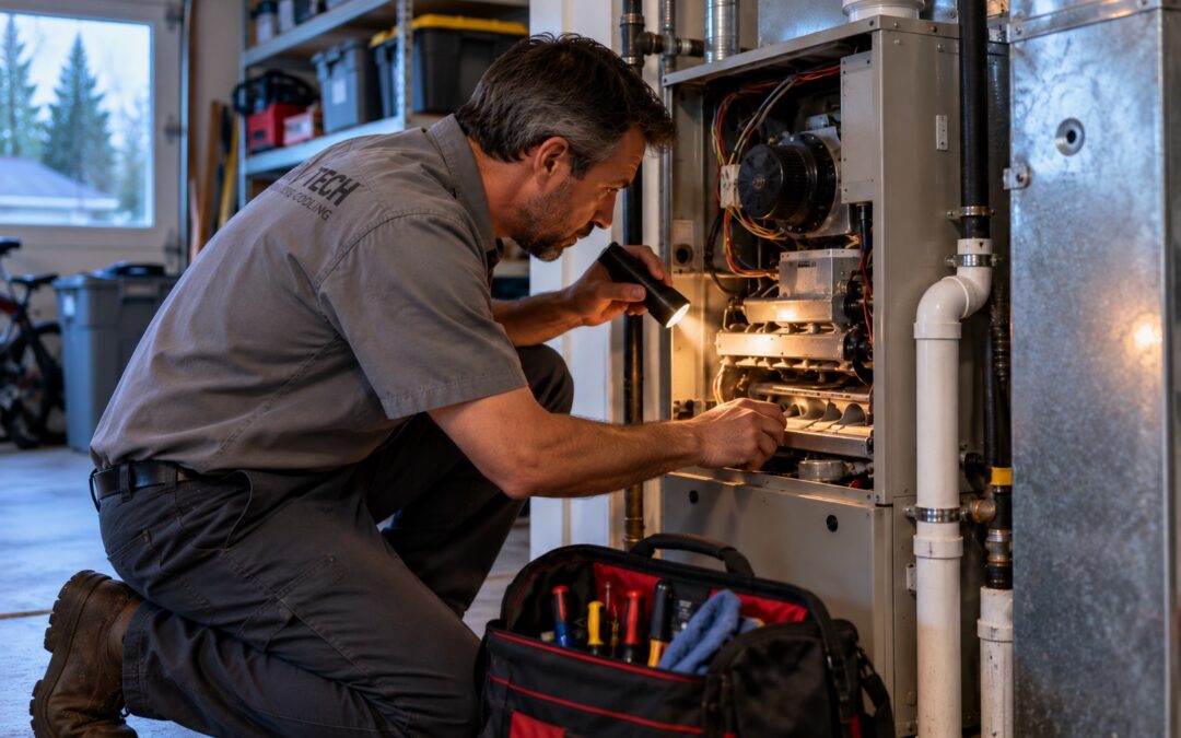 HVAC technician troubleshooting a gas furnace with a flashlight in a Vancouver WA home
