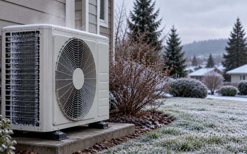 Light frost on a heat pump outdoor coil on a winter morning in Vancouver WA