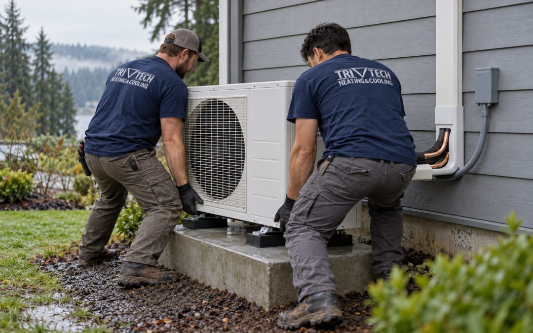 Tri-Tech technicians setting a new heat pump outdoor unit on its pad at a Vancouver WA home