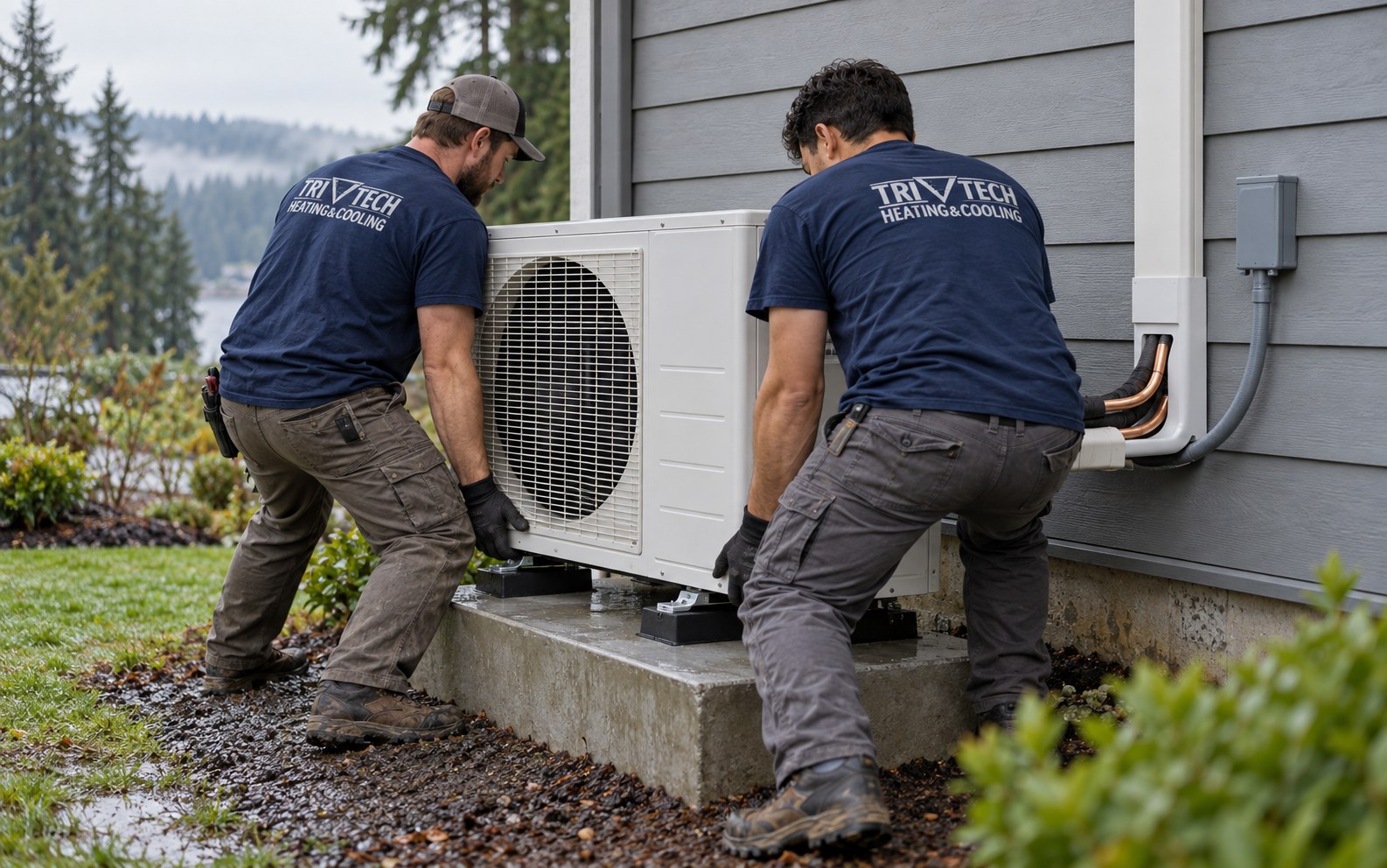 Tri-Tech technicians setting a new heat pump outdoor unit on its pad at a Vancouver WA home