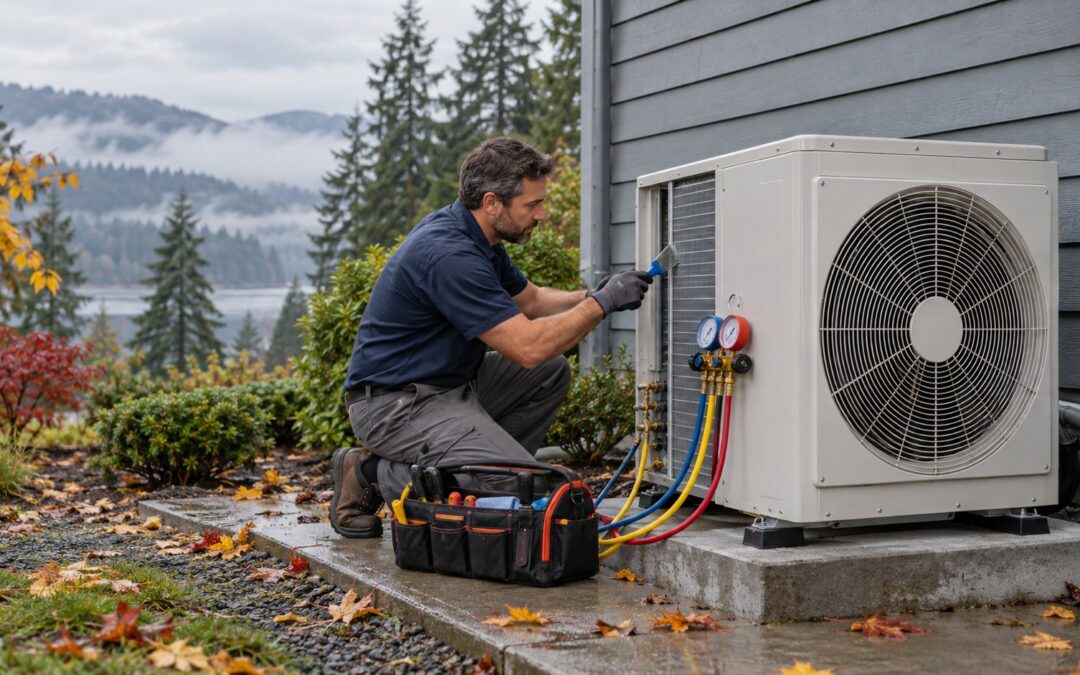 Technician performing heat pump maintenance on an outdoor unit in Vancouver WA