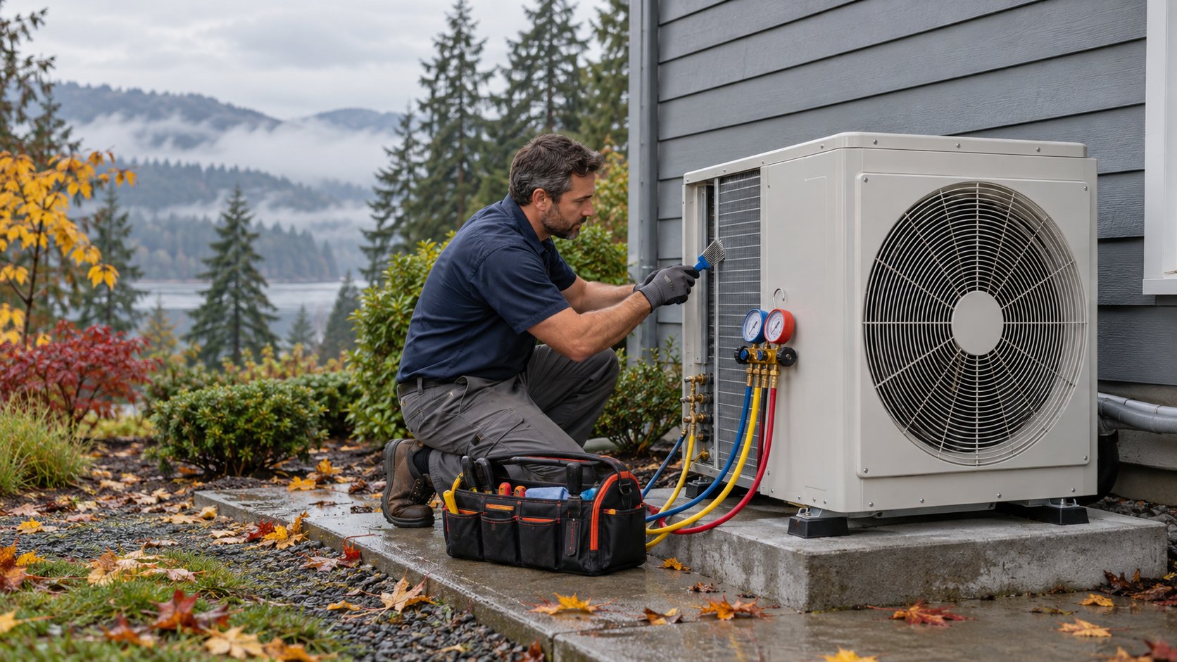 Technician performing heat pump maintenance on an outdoor unit in Vancouver WA