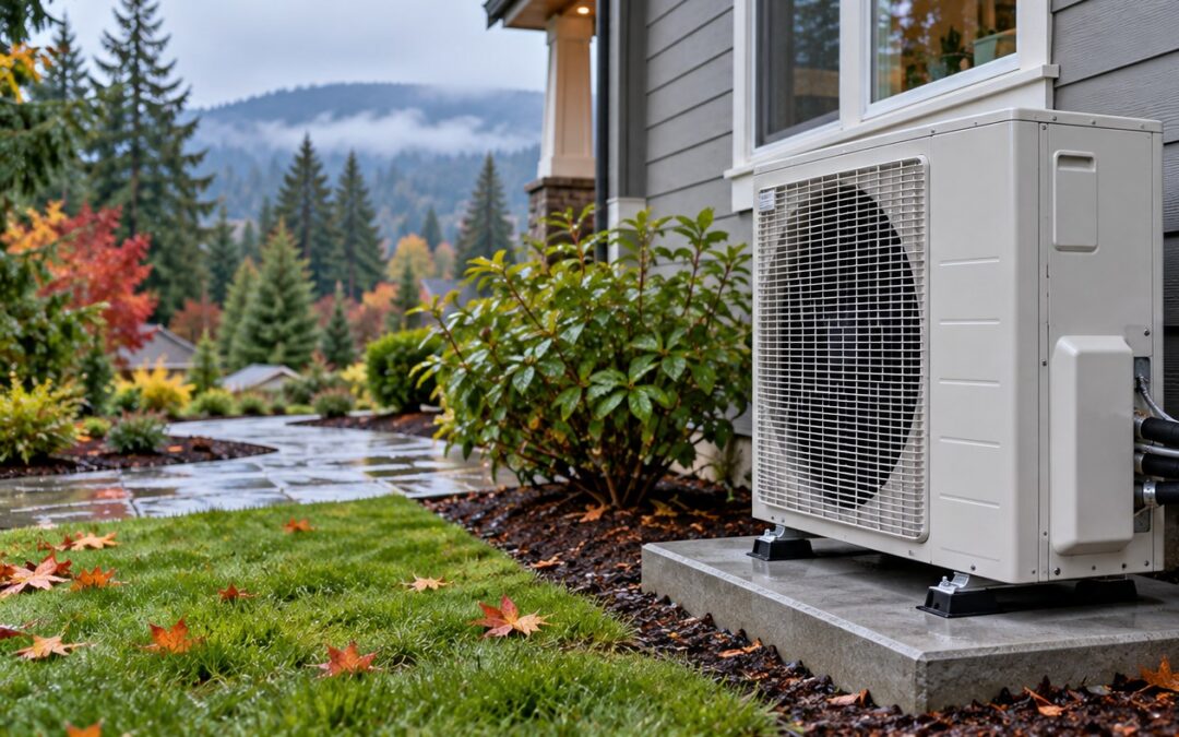Heat pump outdoor unit beside a Vancouver WA home in autumn rain