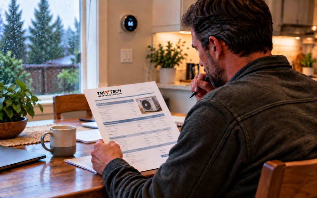 Homeowner reviewing an HVAC quote at the kitchen table