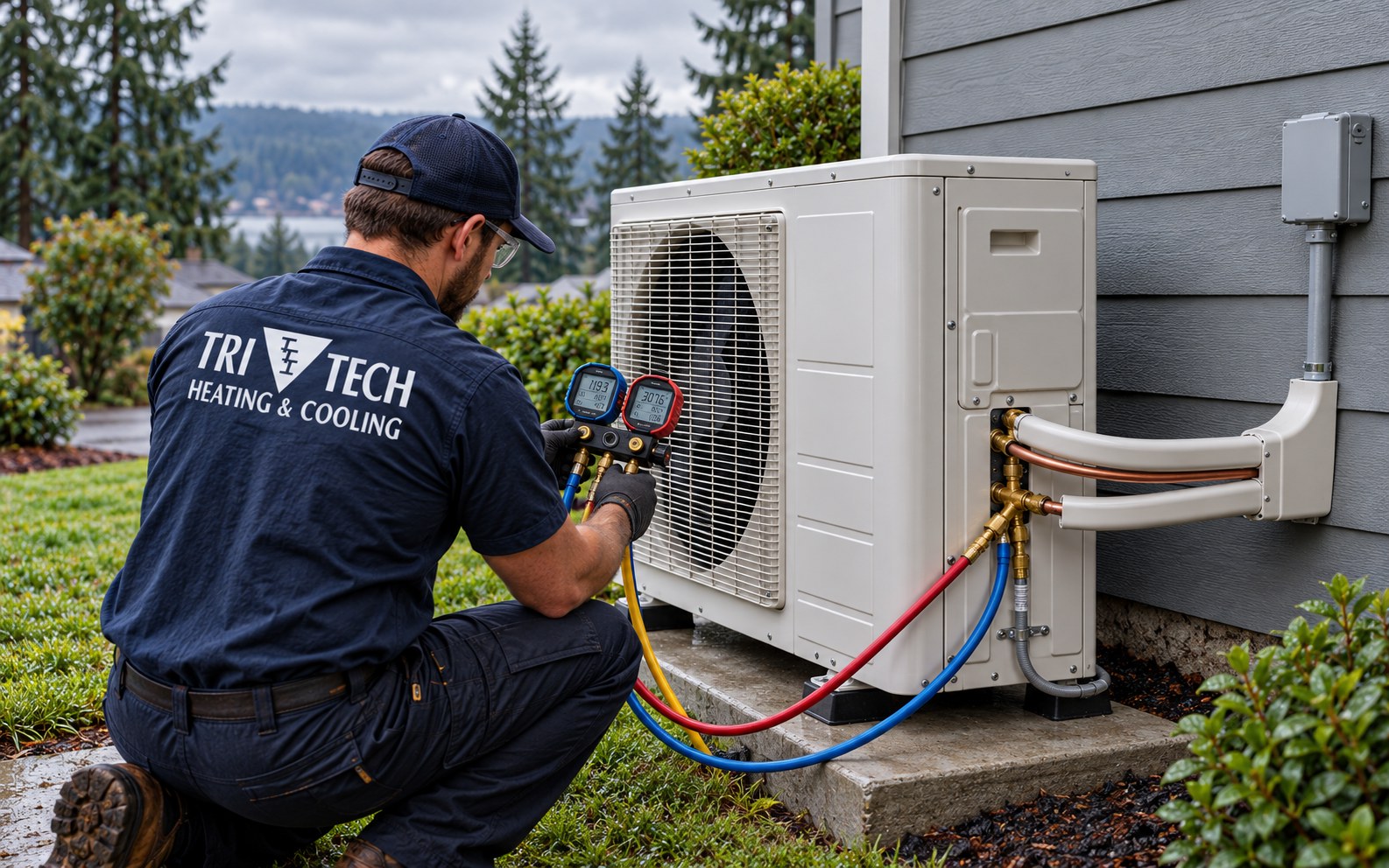 Tri-Tech technician checking refrigerant pressures on a newly installed heat pump in Vancouver WA