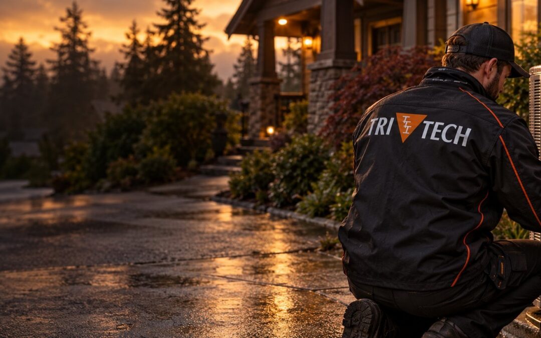 Tri-Tech technician reading manifold gauges on an outdoor AC unit at a Vancouver, WA craftsman home at sunset