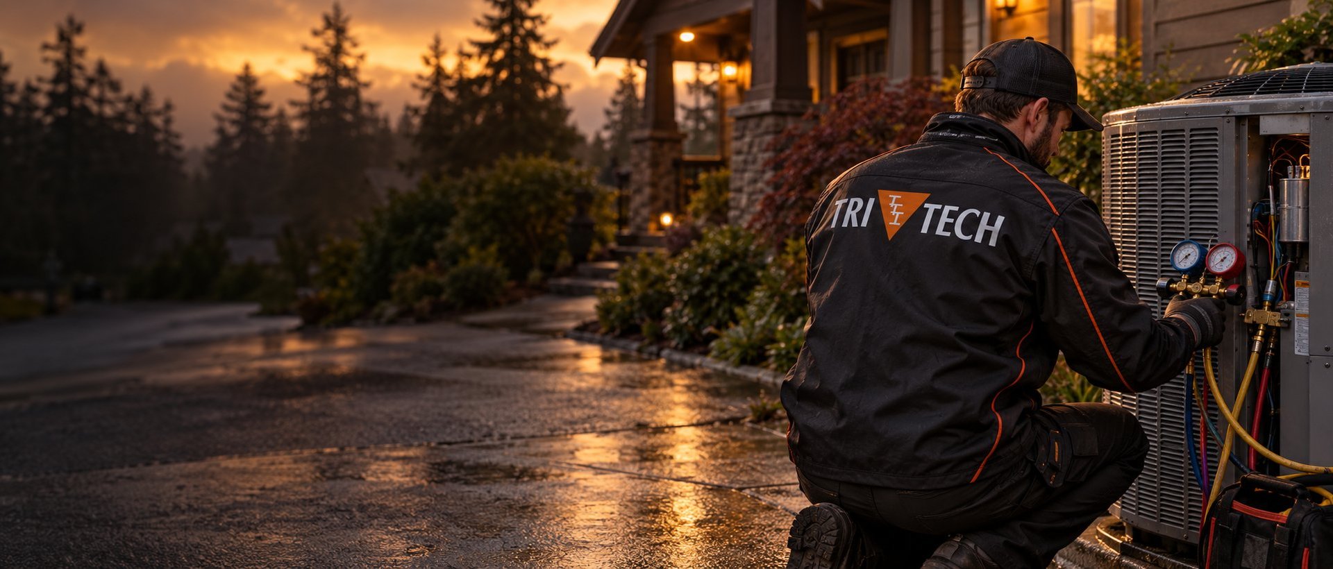 Tri-Tech technician reading manifold gauges on an outdoor AC unit at a Vancouver, WA craftsman home at sunset