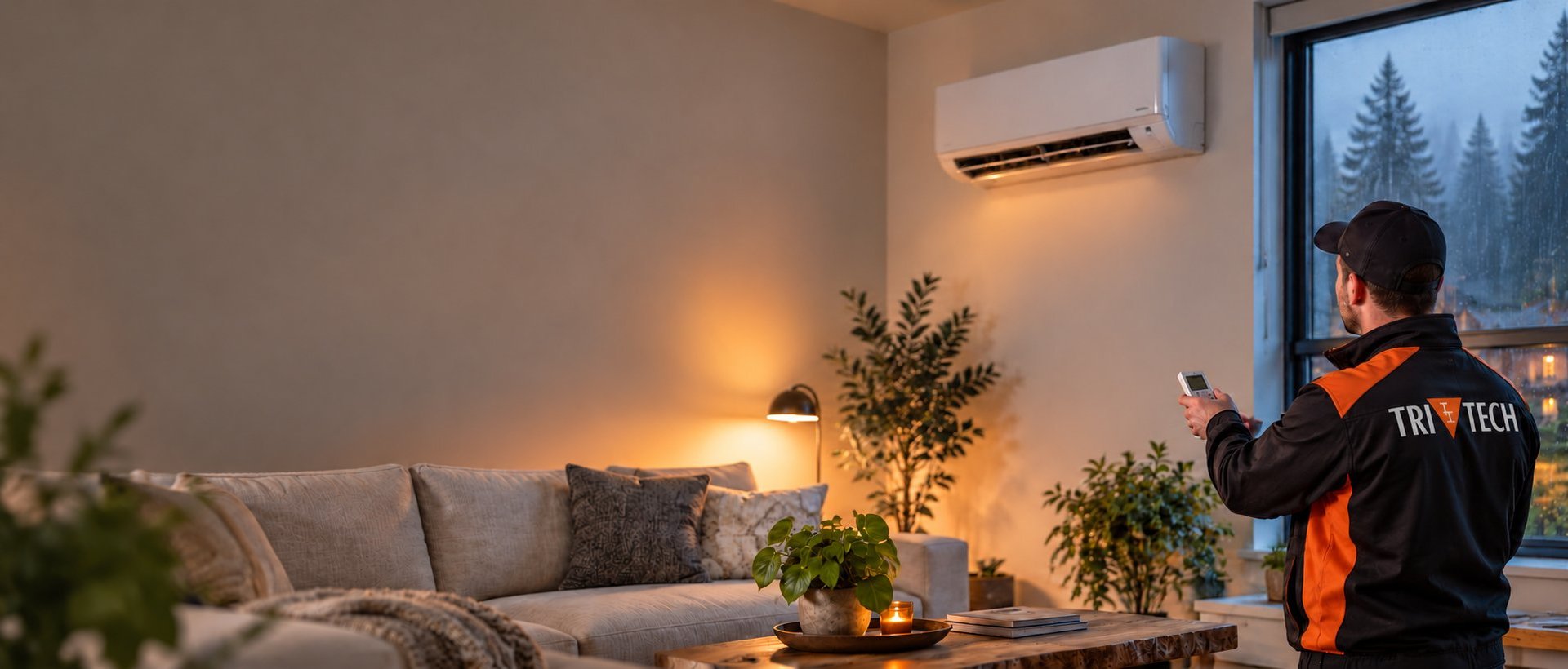 Tri-Tech technician testing a wall-mounted ductless mini-split with its remote in a Vancouver, WA living room